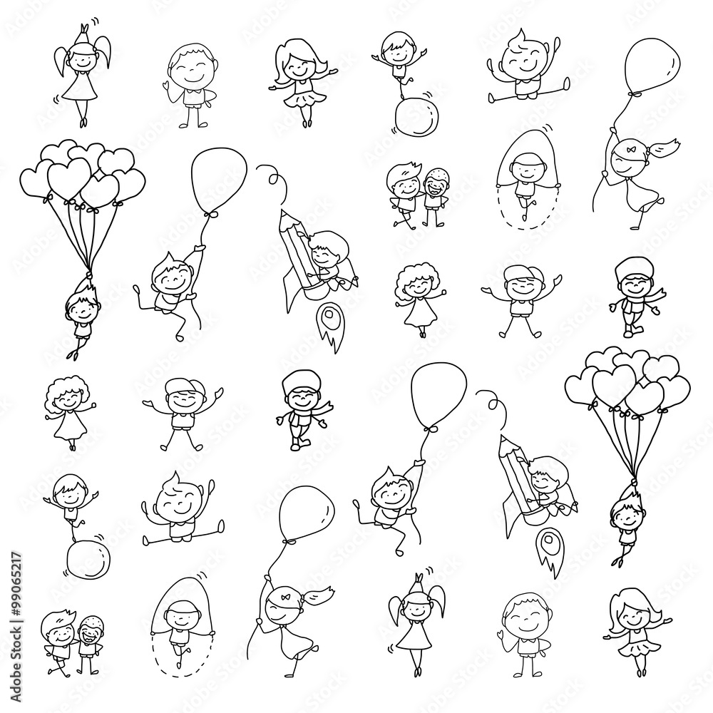 set of hand drawing cartoon happy kids playing vector illustration ...