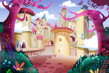 Illustration: Forest Castle. Realistic Fantastic Cartoon Style Artwork Scene, Wallpaper, Story Background, Card Design
