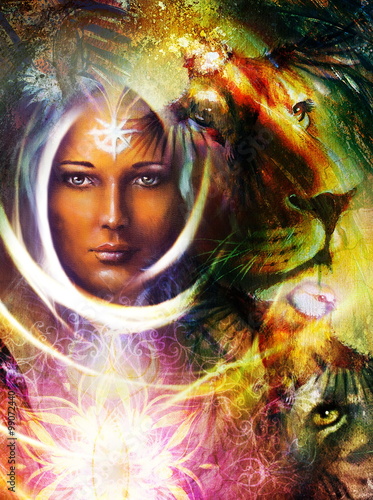 Painting Mighty Lion And Tiger Head And Mystic Woman With Bird