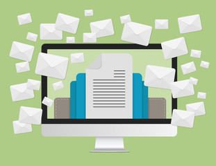 Poster - Email marketing concept and a lot of envelopes messages in laptop computer screen