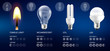 Light bulbs and candle light set. Infographic with approximate estimate of energy and efficiency comparison. Vector illustration.