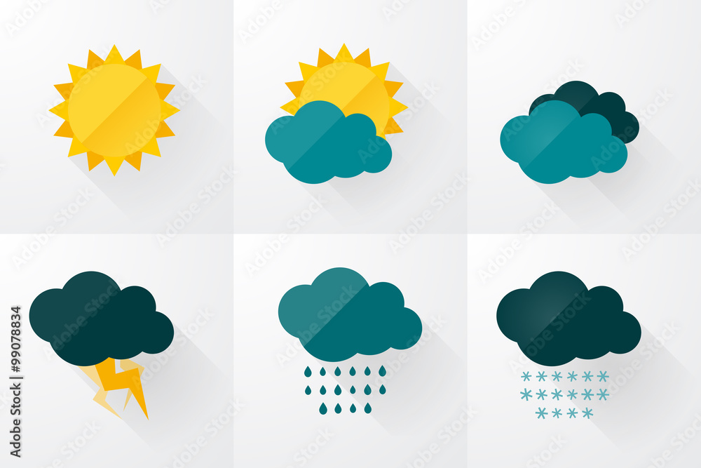 set of weather vector icons flat design - obrazy, fototapety, plakaty 