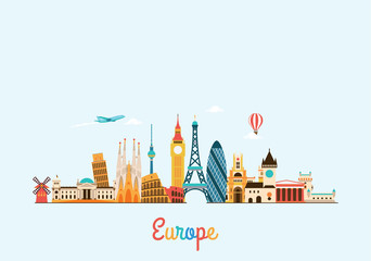 Wall Mural - Europe skyline. Travel and tourism background. 