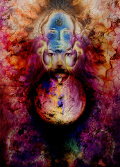 Aufkleber - Beautiful Painting Goddess Woman with ornamental mandala and color abstract background  and desert crackle..