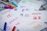 Fototapeta  - Mandarin; Learning New Language with Fruits Name Flash Cards