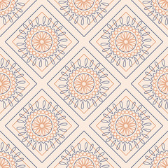 Wall Mural - Seamless vector pattern. Symmetrical geometric background with colorful rhombs and circles on the pink backdrop. Decorative ornament.