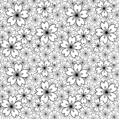 Wall Mural - Seamless background image of black white Japanese sakura flower cross pattern.

