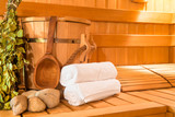 Fototapeta Las - wooden Finnish sauna, shooting objects in the the empty steam ro