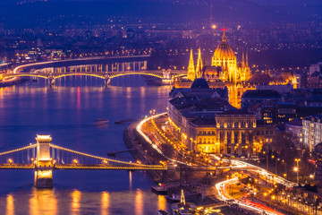 Wall Mural - Budapest cityscape at dusk,  panoramic view of the most important landmarks in Hungary