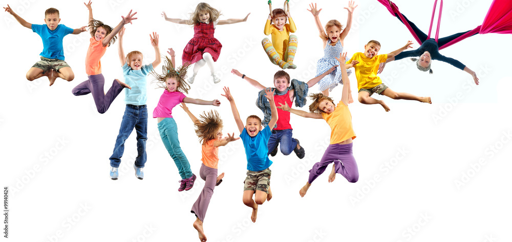 group of happy cheerful sportive children jumping and dancing - obrazy, fototapety, plakaty 