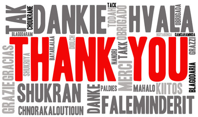 Wall Mural - International Thank You word cloud. Each word used in this word cloud is another language's version of the word Thank You.