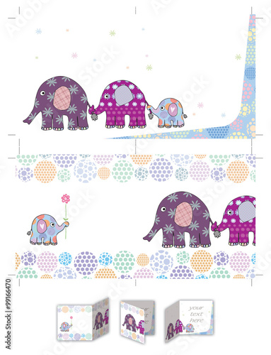 Elephant family baptism invitation. Four pages square boy baptism invitation layout, both sides printable at size 30cm X 15cm. Cropping marks on document also.