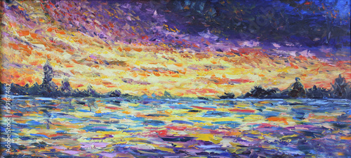 Plakat zachód słońca nad jeziorem, obraz olejny
