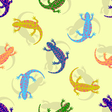 Hand Drawn Colorful Salamander Seamless Pattern. Vector For Kids Textile