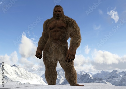 Plakat Sasquatch - Bigfoot - Yeti na ośnieżonych górskich szczytach