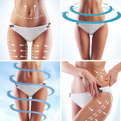 Sporty, fit and beautiful body with the arrows isolated on white (healthy eating, vitamins and nutrition collage