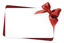 Gift Card With Red Ribbon Bow Isolated On White Background