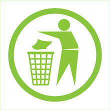 Keep Clean Icon. Do Not Litter Sign. Silhouette Of A Man In The Green Circle, Throwing Garbage In A Bin, Isolated On White Background. No Littering Symbol. Public Information Icon. Vector Illustration