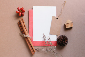 Blank greeting card mock up with craft and christmas decorations