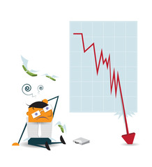 Business man shocked when checking data chart - falling down chart is confused. Businessman lose money are feeling sad because shares fall - collapse of the economy. Vector cartoon on white background