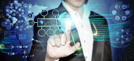 Wall Mural - Virtual image of a Business man touching the process of triggering a software development process, which it connects the various systems globally through a single touch in a network and coding phase.