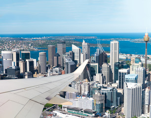 Sticker - Airplane flying over Sydney. Tourism and holiday concept