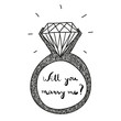 hand drawn vector engagement ring with text will you marry me