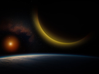 Wall Mural - blue planet with nebula and giant planet on background.