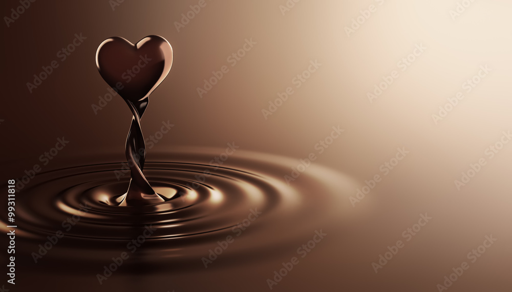 Heart shape chocolate rising from chocolate ripples - obrazy, fototapety, plakaty 