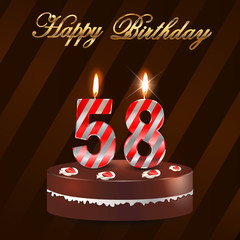 58 year Happy Birthday Card with cake and candles, 58th birthday - vector EPS10