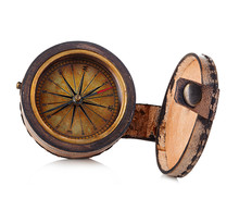 Vintage Copper Compass In A Leather Case Isolated On A White Background.