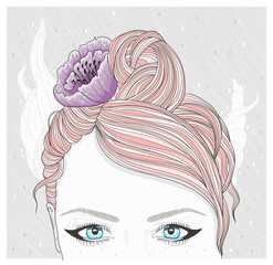 Wall Mural - Young girl with flower in her hair. Fashion illustration.