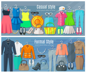 Poster -  Horizontal Banners Of Formal And Casual Woman Clothes Collection 