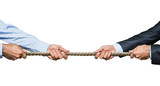 Fototapeta  - Tug war, two businessman pulling rope in opposite directions