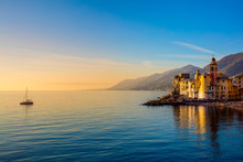 Mediterranean Sea At Sunrise, Small Old Town And Yacht -