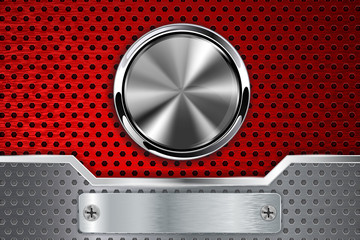 Sticker - steel round button on metal background. red perforated metal background with metallic frame.