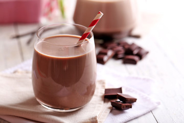 Glass of chocolate milk on table close-up