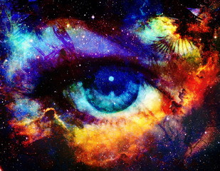 Poster -  Goddess eye and Color space background with stars.