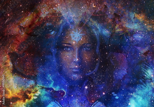 Fotografie, Obraz Beautiful Painting Goddess Woman and Color space background with stars