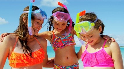 portrait happy healthy young female caucasian children water tropical ocean fun