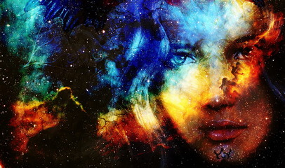 Poster - Beautiful Painting Goddess Woman and  Color space background with stars.