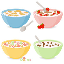 Bowls Of Breakfast Cereal. Vector Illustration