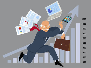 Senior businessman in a kung fu stance, assorted office items and a business graph on the background, EPS 8 vector illustration