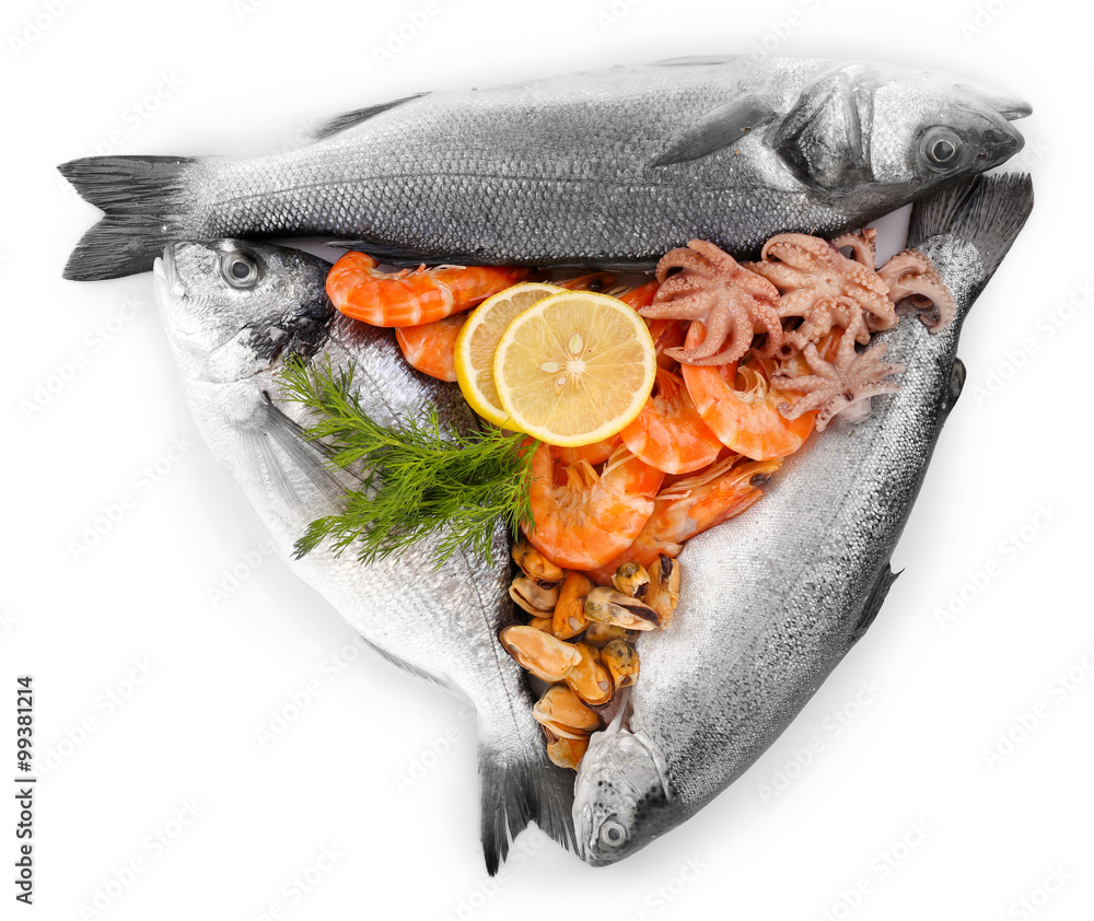Fresh Mediterranean cocktail of fish on white background, close up