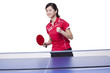 Female table tennis player punching the air