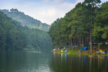 Mae Hong Son, Thailand DEC 30 2015: Tourist Arrivals Unidentified See View Pang Ung Reservoir Lake On Morning In Forest With Camping In The Mist.