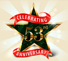 53 Year Anniversary Celebration Golden Star Ribbon, Celebrating 53rdanniversary Decorative Golden Invitation Card - Vector Eps10