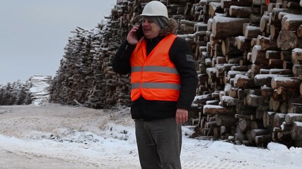 Poster - Engineer talking on the smartphone near to piles of logs