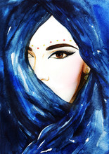 Beautiful Woman Face Hiding Her Face Behind A Veil. Watercolor Illustration