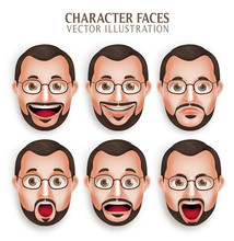 Set Of 3D Realistic Old Beard Man Head With Different Facial Expression Isolated In White Background. Vector Illustration
